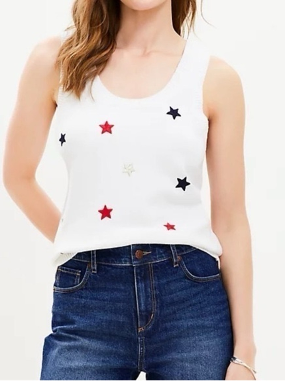 LOFT White Tank Top with Red, Navy & Silver Star Embroidery